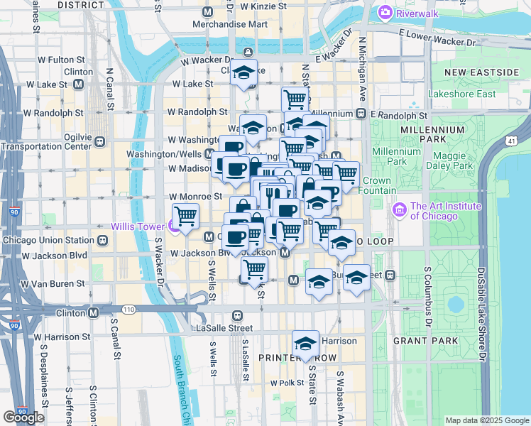 map of restaurants, bars, coffee shops, grocery stores, and more near 125 South Clark Street in Chicago