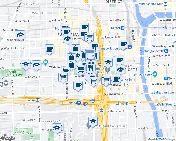 map of restaurants, bars, coffee shops, grocery stores, and more near 40 South Halsted Street in Chicago