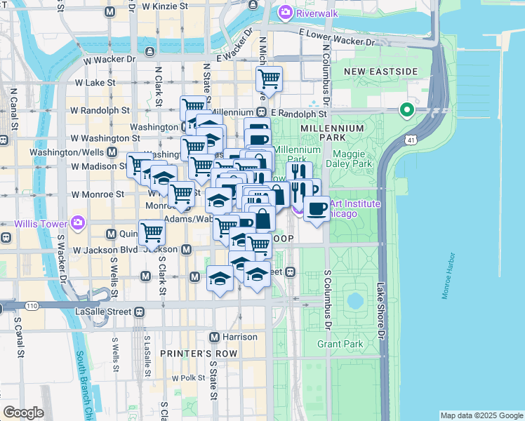 map of restaurants, bars, coffee shops, grocery stores, and more near 109 South Michigan Avenue in Chicago
