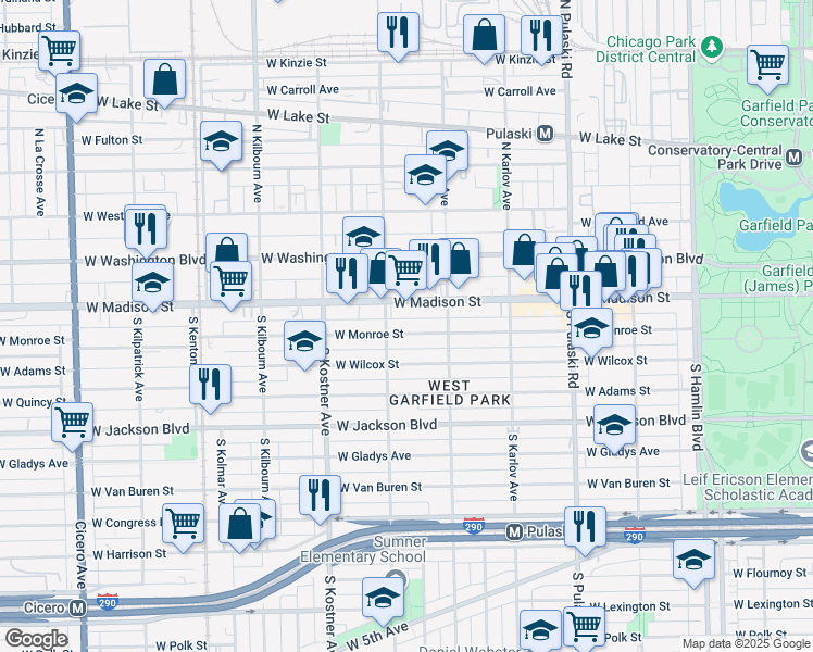 map of restaurants, bars, coffee shops, grocery stores, and more near 4240 West Monroe Street in Chicago
