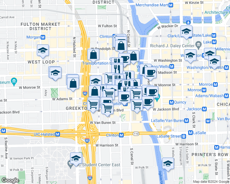 map of restaurants, bars, coffee shops, grocery stores, and more near 125 South Jefferson Street in Chicago