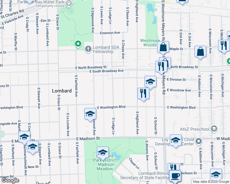 map of restaurants, bars, coffee shops, grocery stores, and more near 405 South Lodge Lane in Lombard