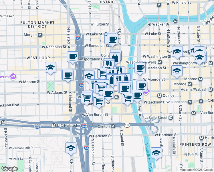 map of restaurants, bars, coffee shops, grocery stores, and more near 125 South Jefferson Street in Chicago