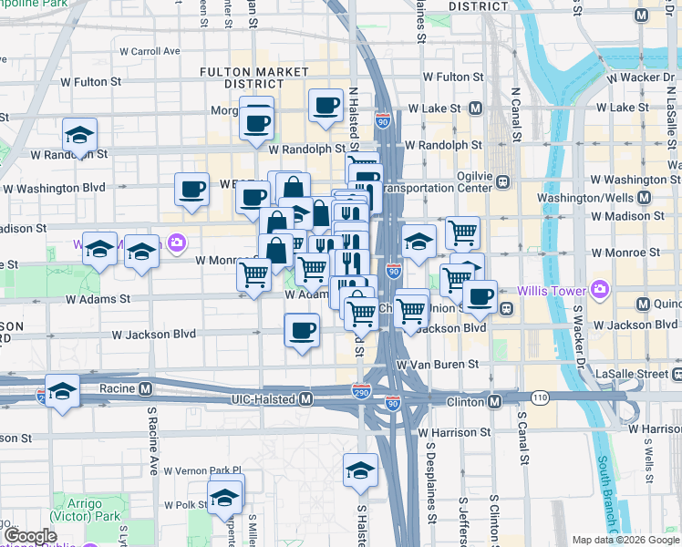 map of restaurants, bars, coffee shops, grocery stores, and more near 40 South Halsted Street in Chicago