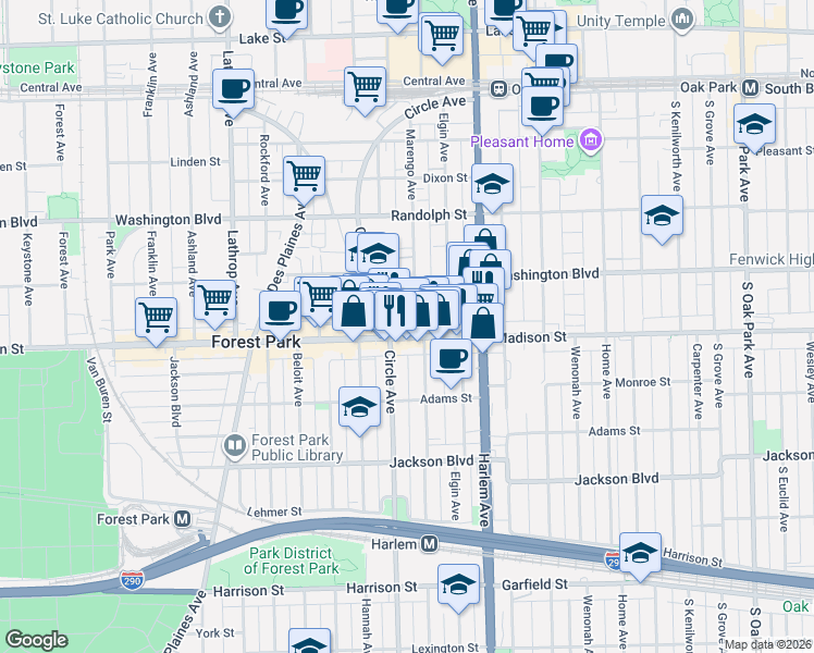 map of restaurants, bars, coffee shops, grocery stores, and more near 7251 Madison Street in Forest Park