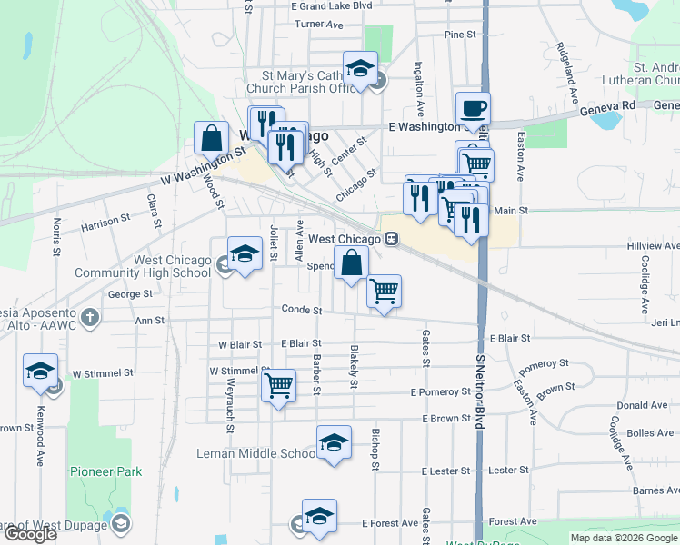 map of restaurants, bars, coffee shops, grocery stores, and more near 310 Wilson Avenue in West Chicago