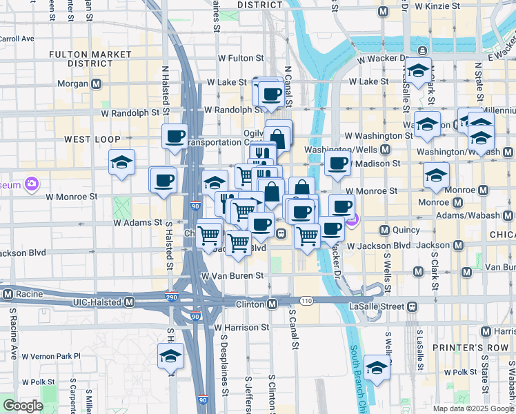 map of restaurants, bars, coffee shops, grocery stores, and more near 125 South Jefferson Street in Chicago