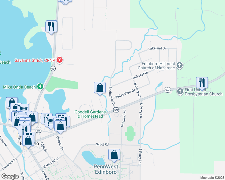 map of restaurants, bars, coffee shops, grocery stores, and more near 102 Hillcrest Dr in Edinboro