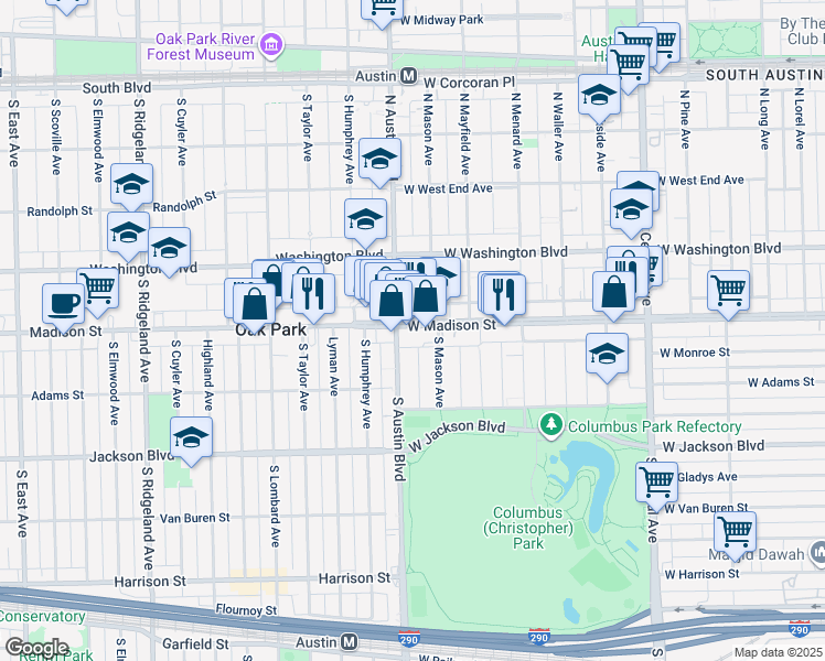 map of restaurants, bars, coffee shops, grocery stores, and more near 5957 West Madison Street in Chicago
