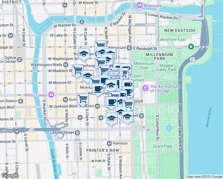 map of restaurants, bars, coffee shops, grocery stores, and more near 127 South State Street in Chicago