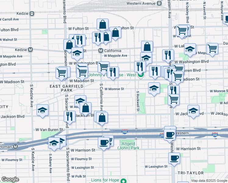 map of restaurants, bars, coffee shops, grocery stores, and more near 2713 West Monroe Street in Chicago