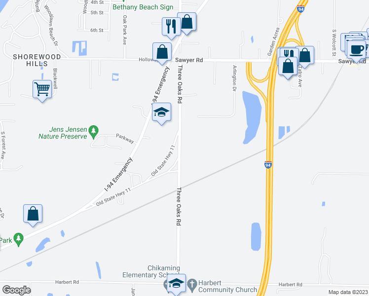 map of restaurants, bars, coffee shops, grocery stores, and more near 13217 Three Oaks Road in Sawyer