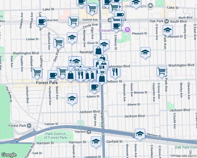 map of restaurants, bars, coffee shops, grocery stores, and more near 7209 Madison St in Forest Park