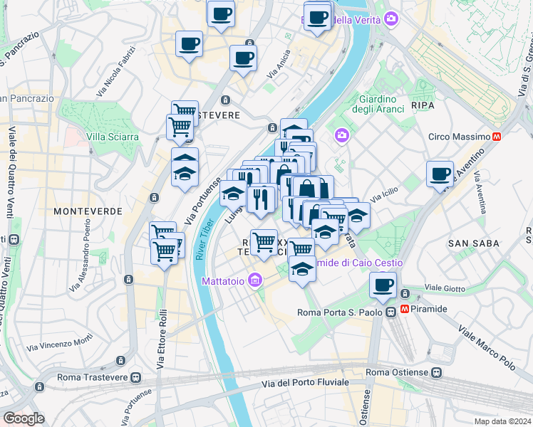 map of restaurants, bars, coffee shops, grocery stores, and more near 36 Via Rubattino in Roma