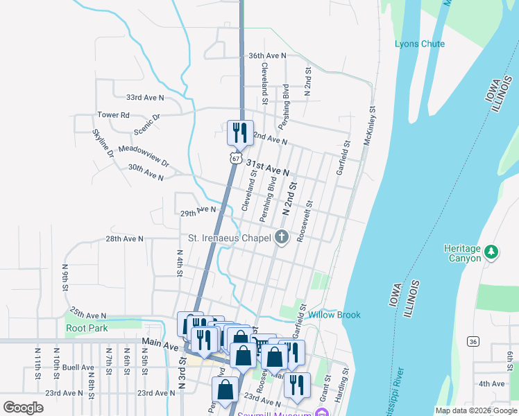 map of restaurants, bars, coffee shops, grocery stores, and more near 2927 Pershing Boulevard in Clinton