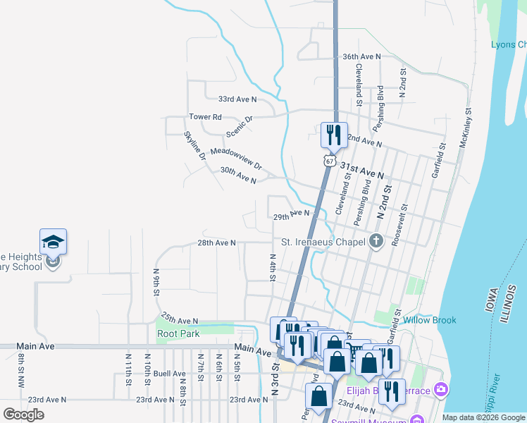 map of restaurants, bars, coffee shops, grocery stores, and more near 2904 North 4th Street in Clinton