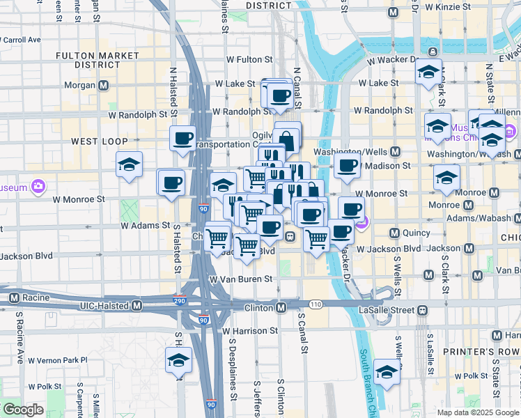 map of restaurants, bars, coffee shops, grocery stores, and more near 125 South Jefferson Street in Chicago