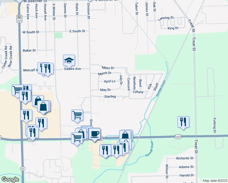 map of restaurants, bars, coffee shops, grocery stores, and more near 412 May Drive in Adrian