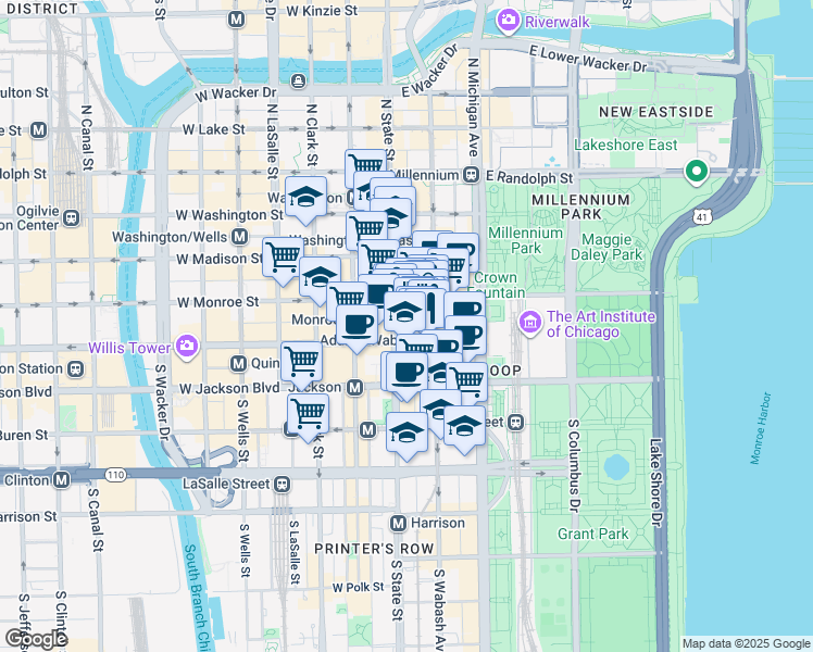 map of restaurants, bars, coffee shops, grocery stores, and more near 111 S South State Street in Chicago