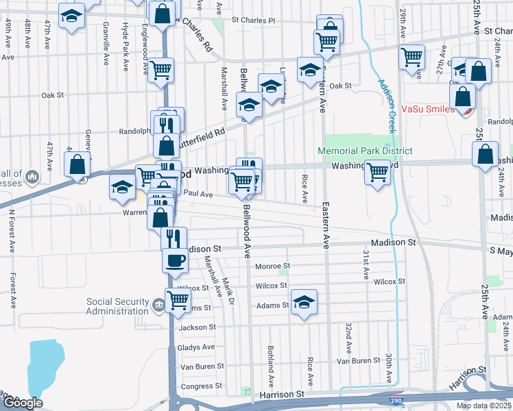 map of restaurants, bars, coffee shops, grocery stores, and more near 3606 Saint Paul Avenue in Bellwood