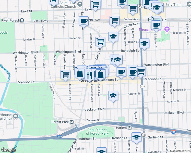map of restaurants, bars, coffee shops, grocery stores, and more near 7509 Madison Street in Forest Park