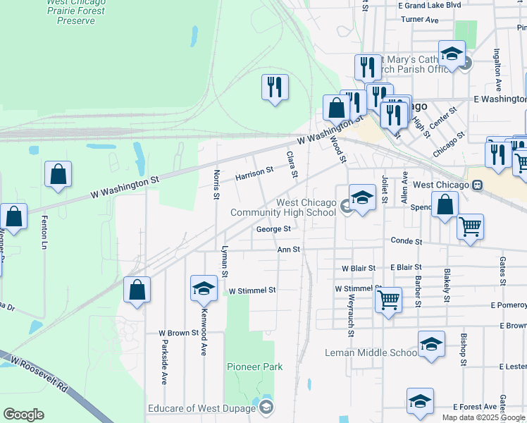map of restaurants, bars, coffee shops, grocery stores, and more near 304 Sherman Street in West Chicago