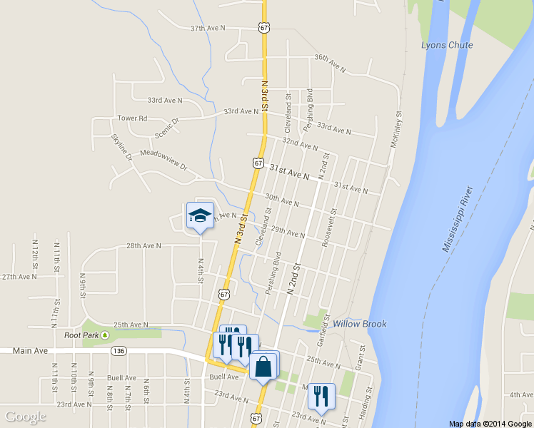 map of restaurants, bars, coffee shops, grocery stores, and more near 2912 Cleveland Street in Clinton