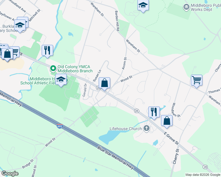 map of restaurants, bars, coffee shops, grocery stores, and more near 149 Wood Street in Middleborough
