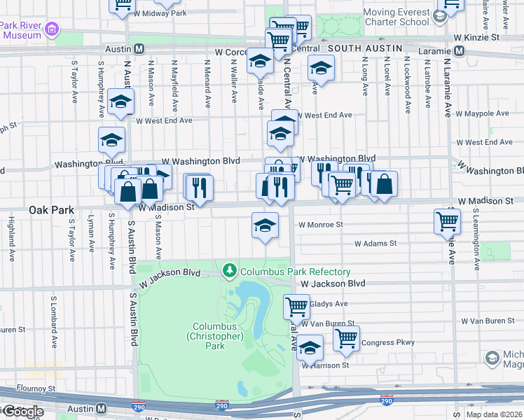 map of restaurants, bars, coffee shops, grocery stores, and more near 5635 West Madison Street in Chicago