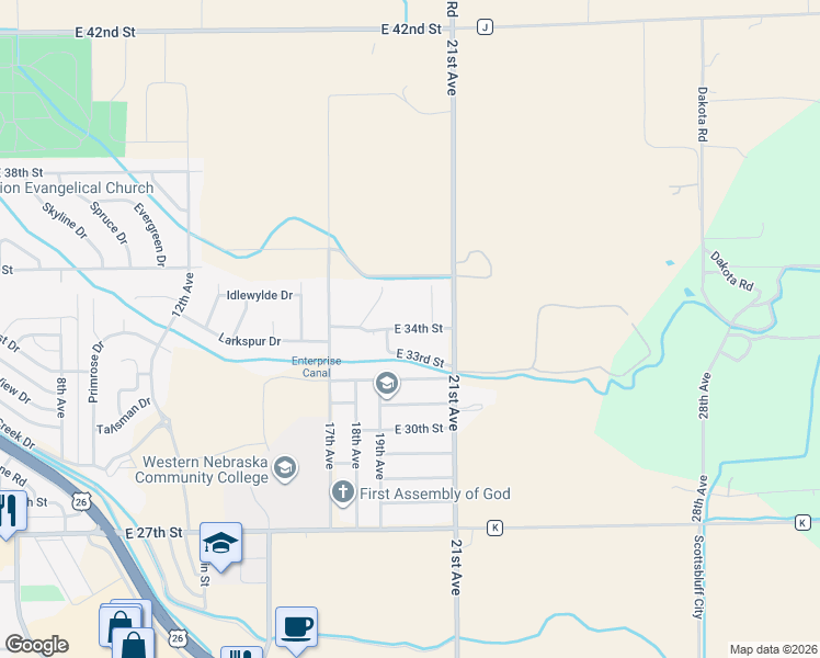 map of restaurants, bars, coffee shops, grocery stores, and more near 2000 East 34th Street in Scottsbluff