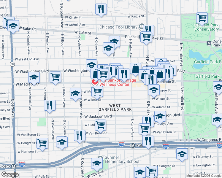 map of restaurants, bars, coffee shops, grocery stores, and more near 4210 W Monroe St in Chicago