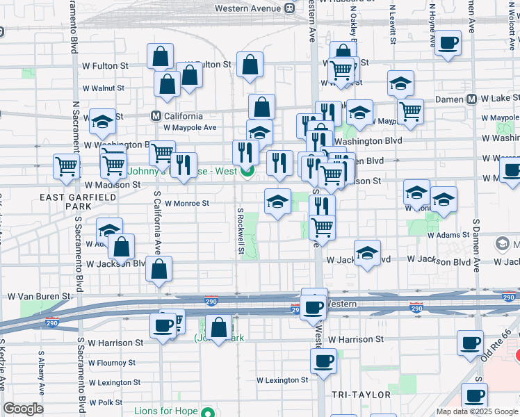 map of restaurants, bars, coffee shops, grocery stores, and more near 2527 West Monroe Street in Chicago