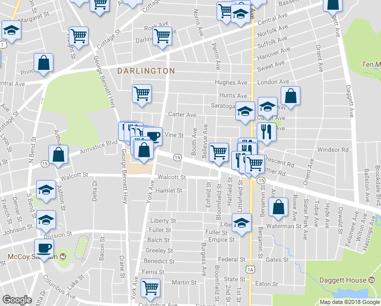 map of restaurants, bars, coffee shops, grocery stores, and more near 22 Booth Avenue in Pawtucket