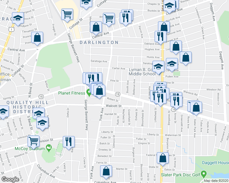 map of restaurants, bars, coffee shops, grocery stores, and more near 368 Armistice Boulevard in Pawtucket