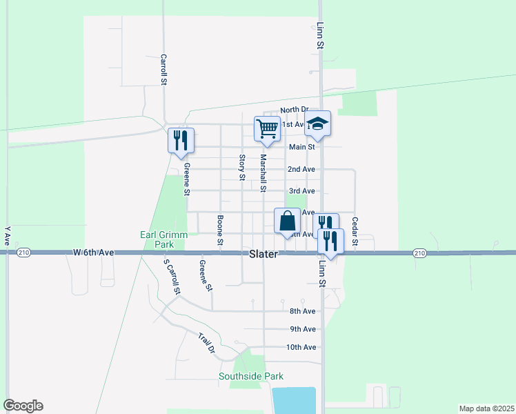 map of restaurants, bars, coffee shops, grocery stores, and more near 403 4th Avenue in Slater