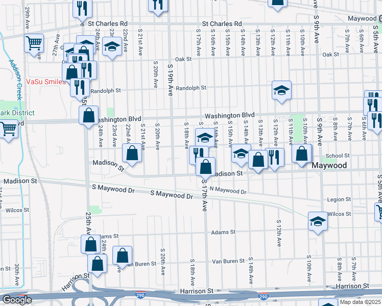 map of restaurants, bars, coffee shops, grocery stores, and more near 811 South 18th Avenue in Maywood