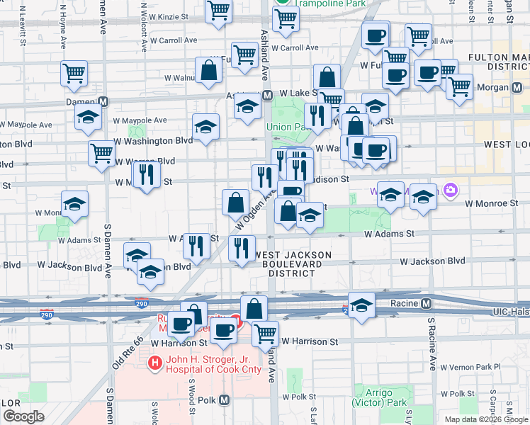 map of restaurants, bars, coffee shops, grocery stores, and more near 1645 Ogden Avenue in Chicago