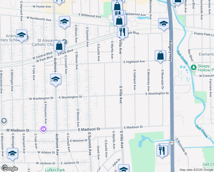 map of restaurants, bars, coffee shops, grocery stores, and more near 527 South Euclid Avenue in Villa Park