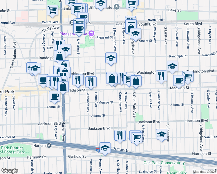 map of restaurants, bars, coffee shops, grocery stores, and more near 926 Madison Street in Oak Park