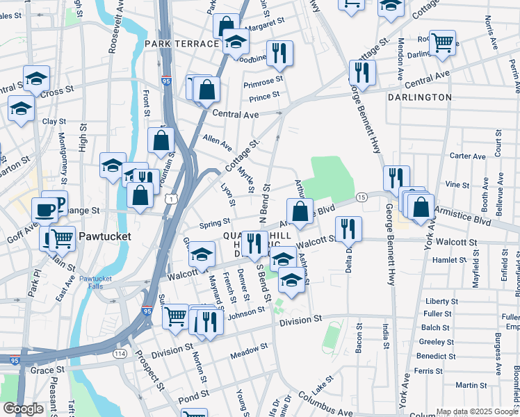 map of restaurants, bars, coffee shops, grocery stores, and more near 80 North Bend Street in Pawtucket