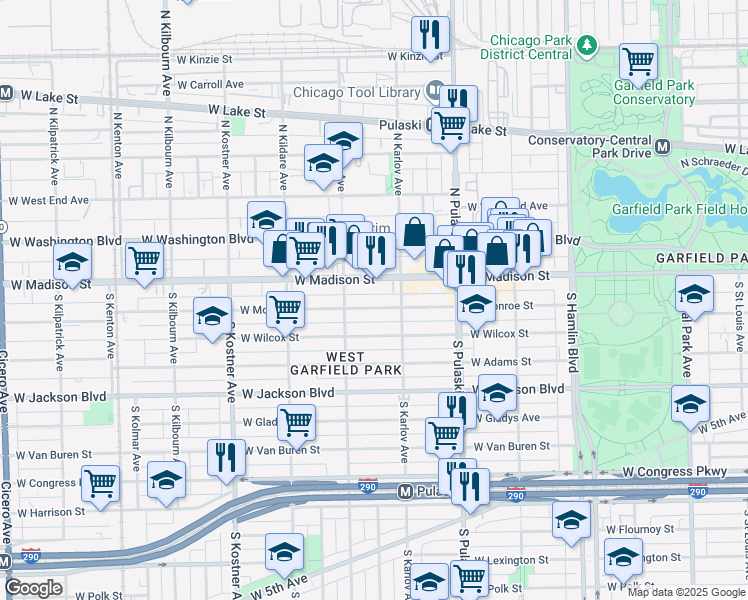 map of restaurants, bars, coffee shops, grocery stores, and more near 4126 West Monroe Street in Chicago