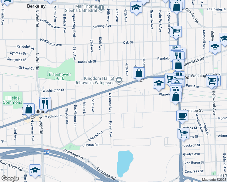 map of restaurants, bars, coffee shops, grocery stores, and more near 4349 Butterfield Road in Hillside