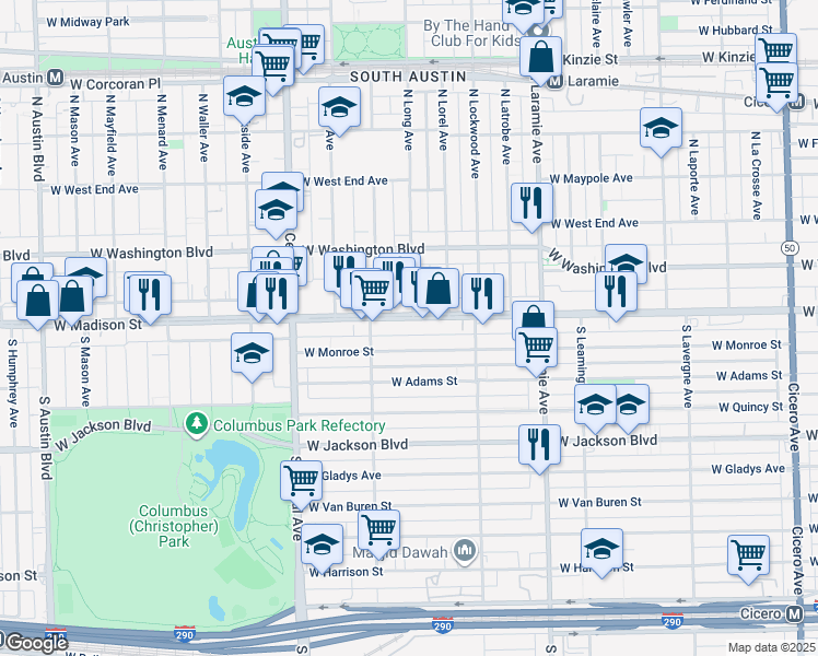 map of restaurants, bars, coffee shops, grocery stores, and more near 5405 West Madison Street in Chicago