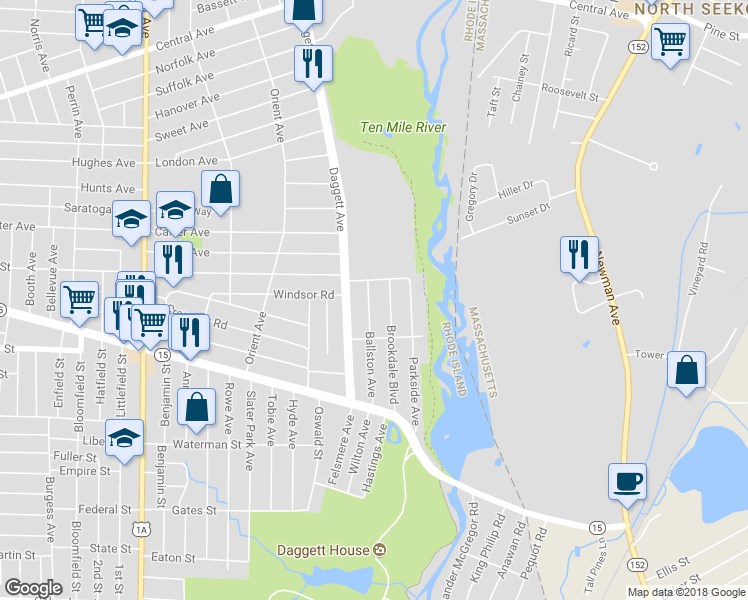 map of restaurants, bars, coffee shops, grocery stores, and more near 165 Ballston Ave in Pawtucket