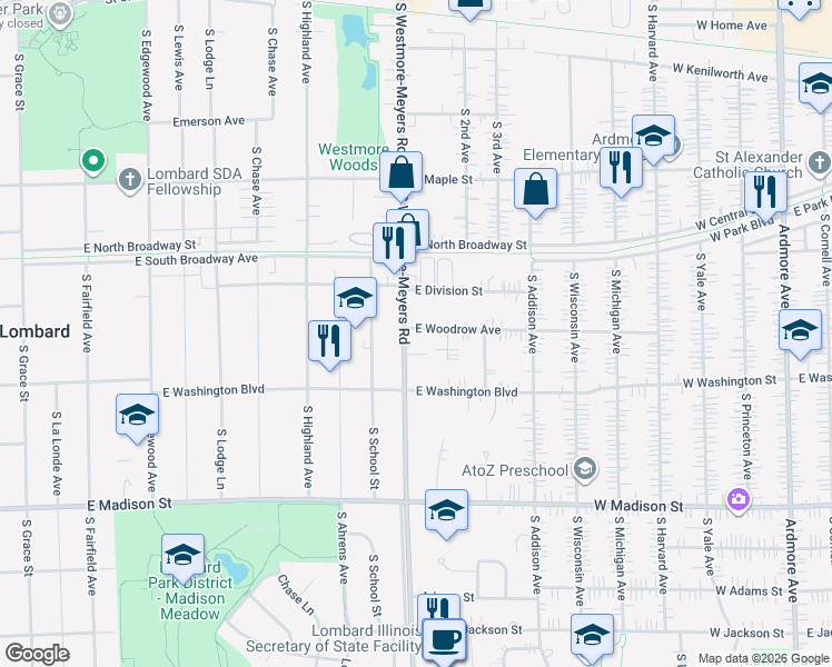 map of restaurants, bars, coffee shops, grocery stores, and more near 405 South Westmore-Meyers Road in Lombard