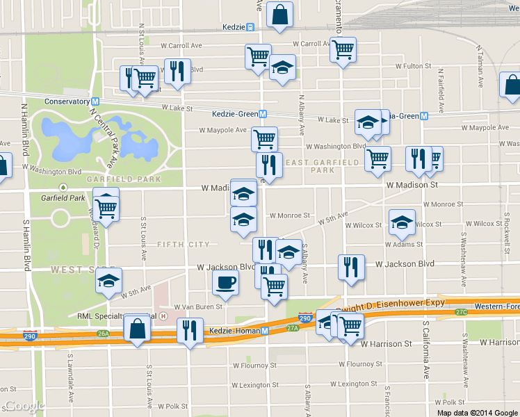 map of restaurants, bars, coffee shops, grocery stores, and more near 3200 West Monroe Street in Chicago