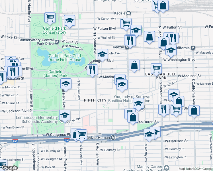 map of restaurants, bars, coffee shops, grocery stores, and more near 3324 West Monroe Street in Chicago