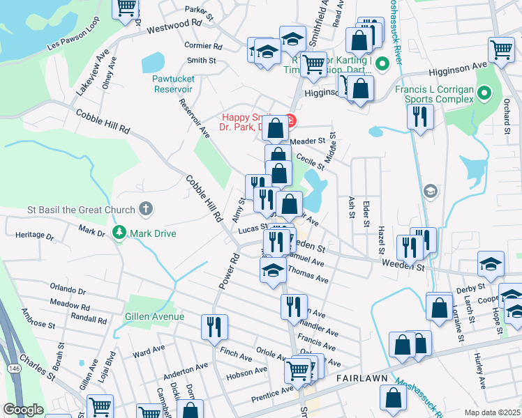 map of restaurants, bars, coffee shops, grocery stores, and more near 614 Smithfield Avenue in Lincoln