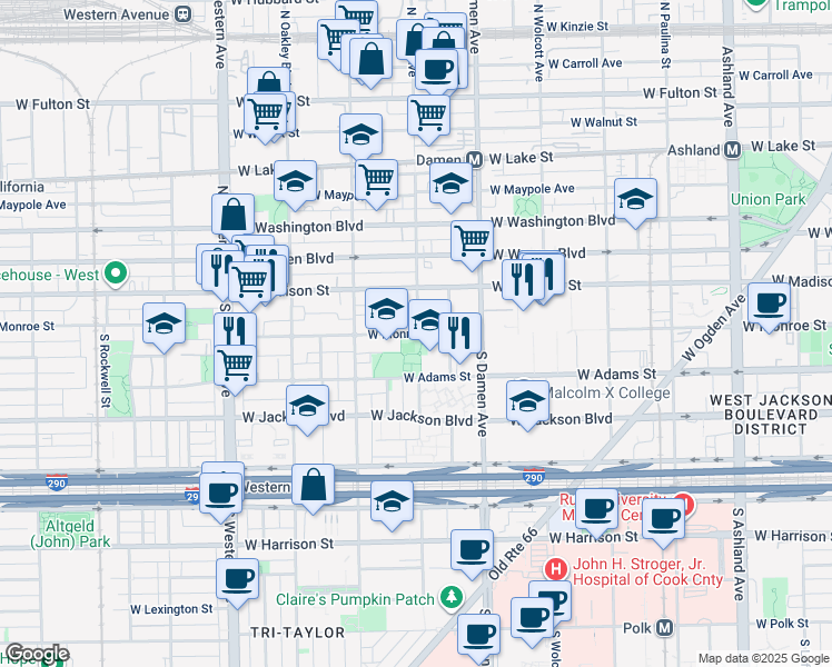 map of restaurants, bars, coffee shops, grocery stores, and more near 2102 West Monroe Street in Chicago