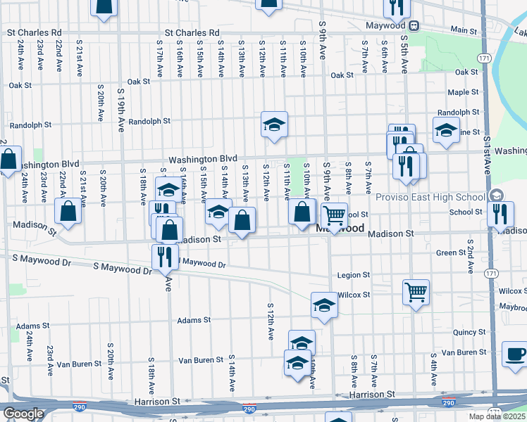 map of restaurants, bars, coffee shops, grocery stores, and more near 815 South 12th Avenue in Maywood